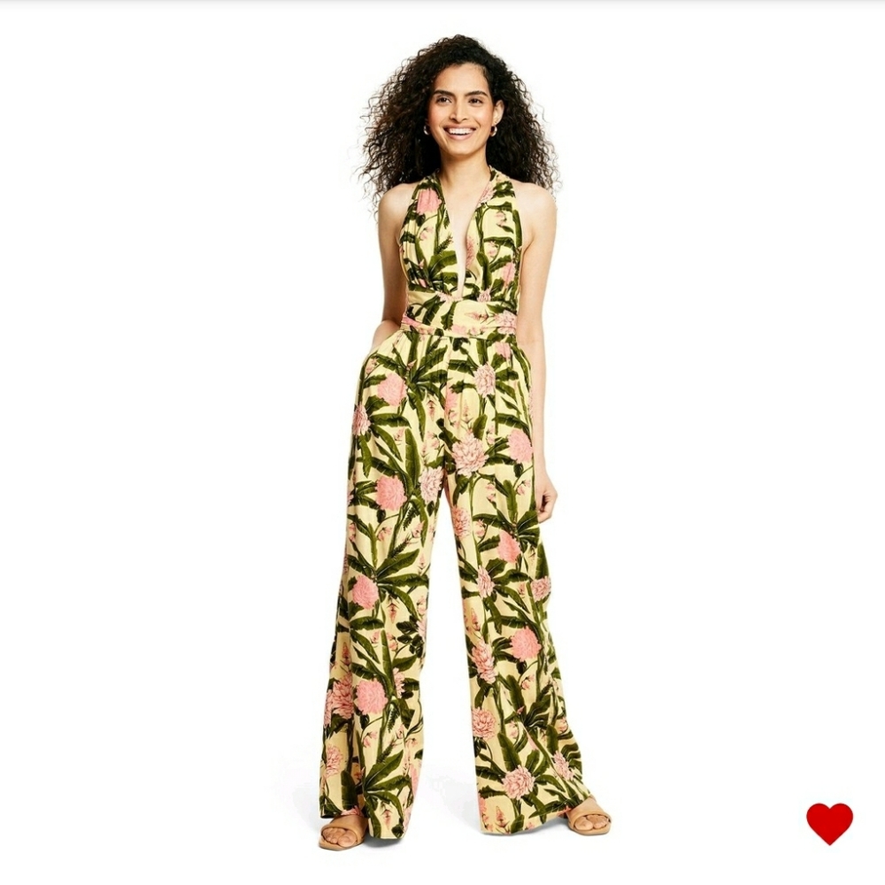 Agua Bendita Yellow Floral Halter Jumpsuit NWOT ONLY WORN TO TRY ON
